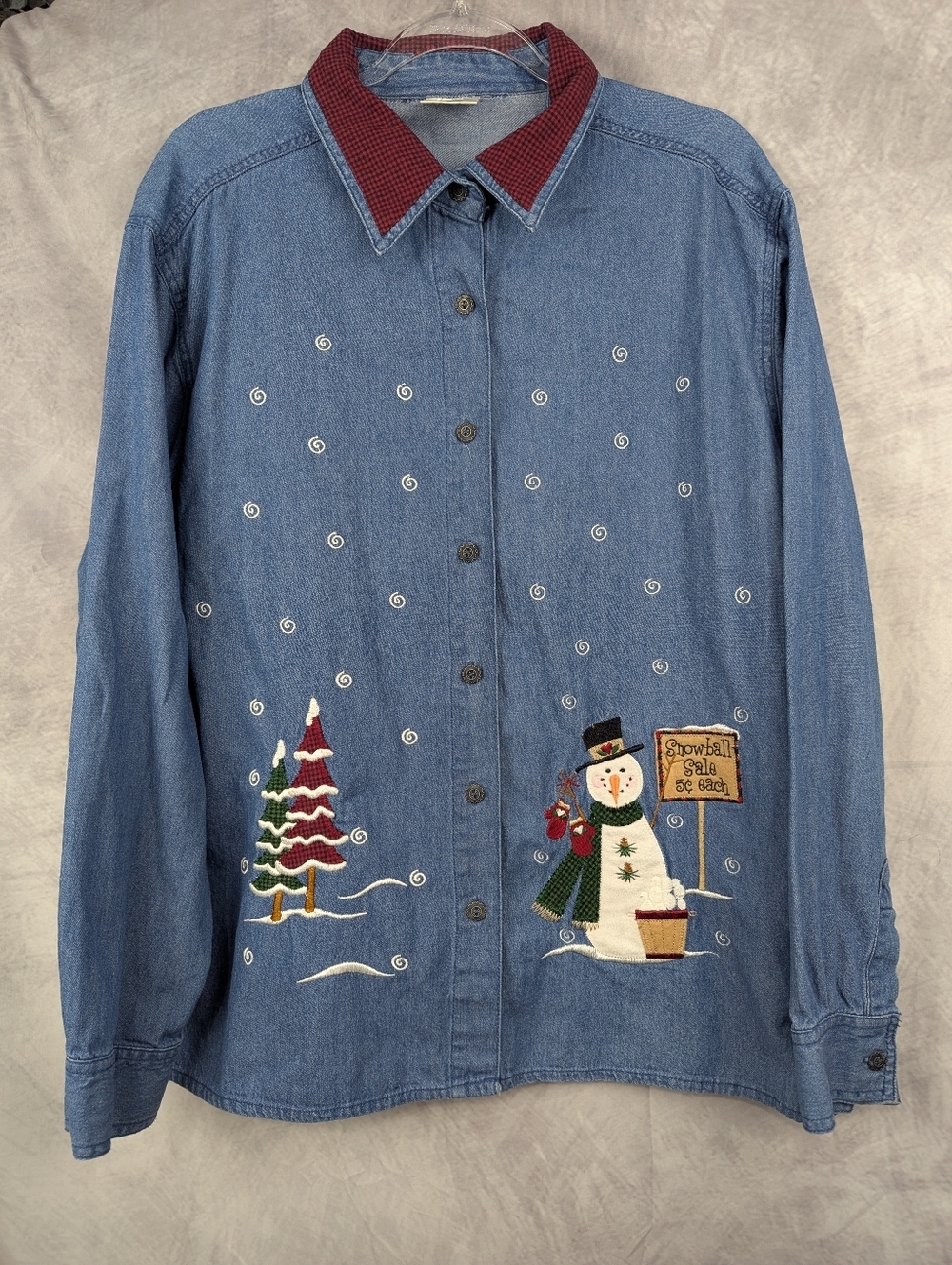 Vtg Decorated Originals Snowman Denim Shirt XXL Plus Christmas Winter Embroidery